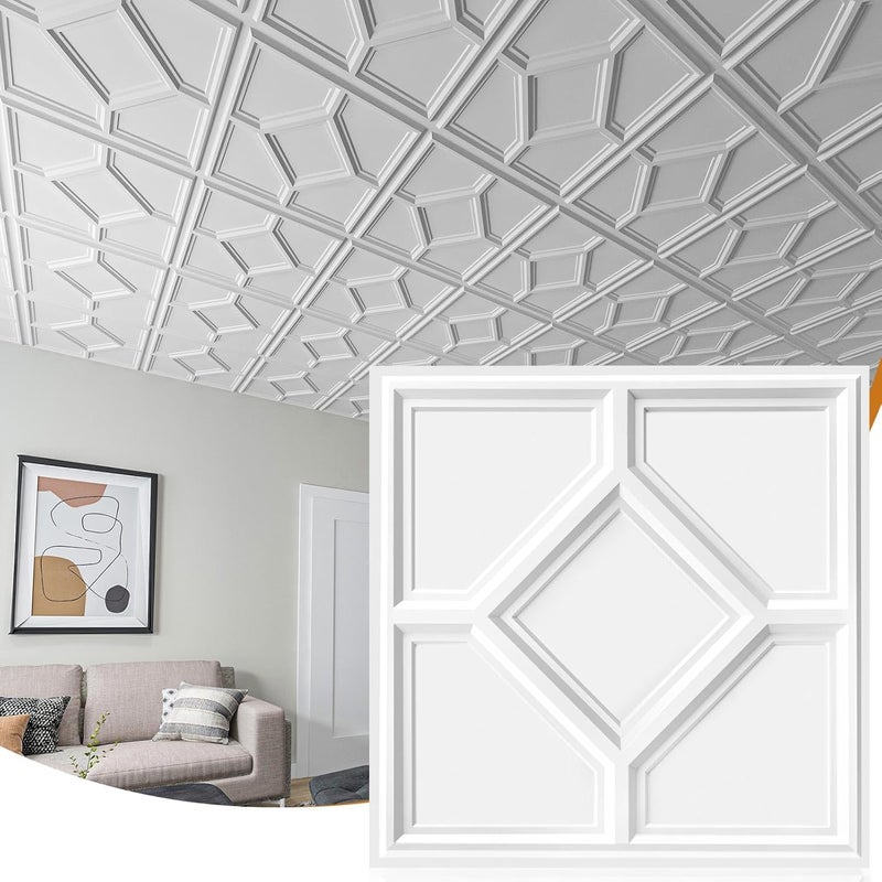 WOWSTAR 12-Pack 24"x24" Drop Ceiling Tiles, 3D Decorative Glue Up Ceiling Tiles, White - Image 1